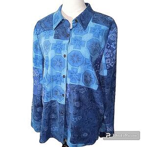 Beautiful Vintage Koret Cobalt  Blue Floral  Button Down Shirt Size 12